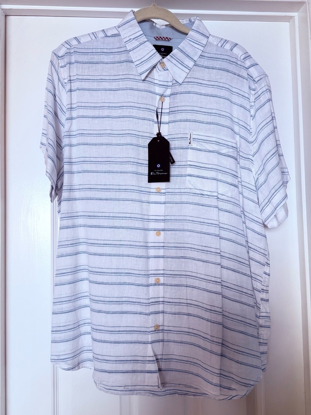 NWT Ben Sherman White & Blue Striped Linen Blend Button Down Shirt XL